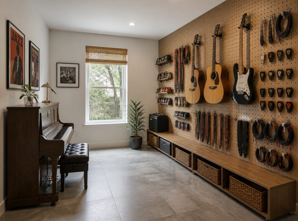 Pared de panel perforado para instrumentos con piano enfrente