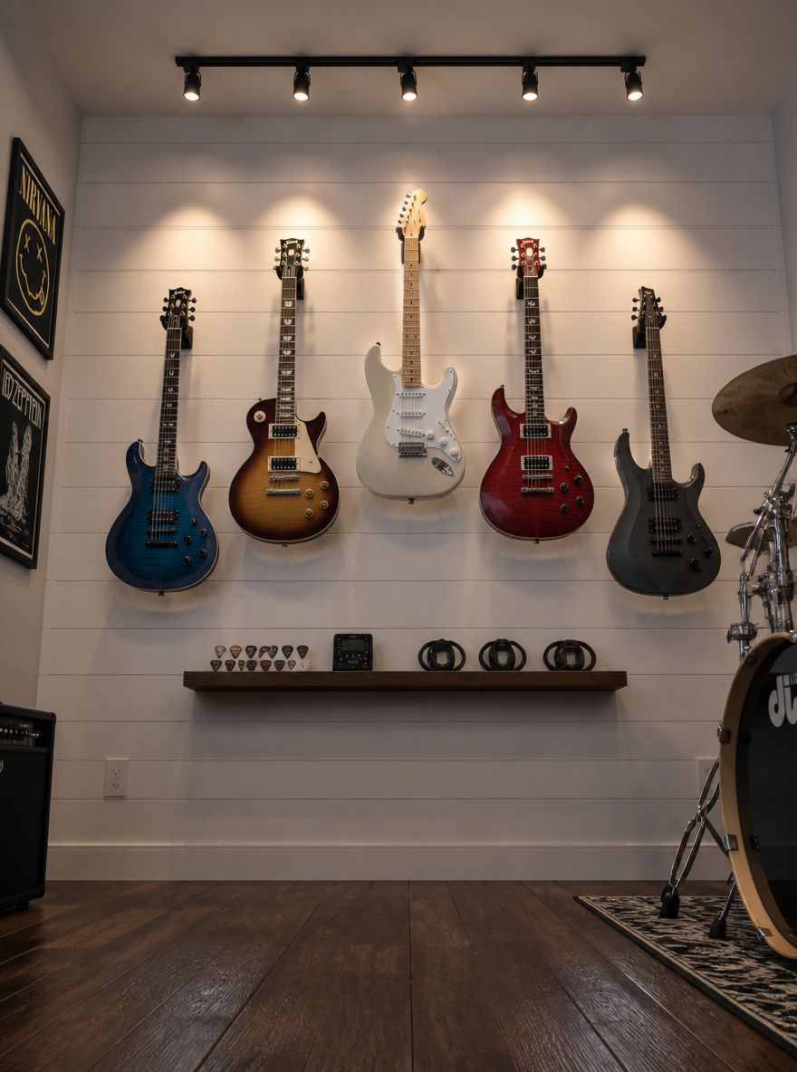 Guitarras eléctricas en arco sobre pared de listones