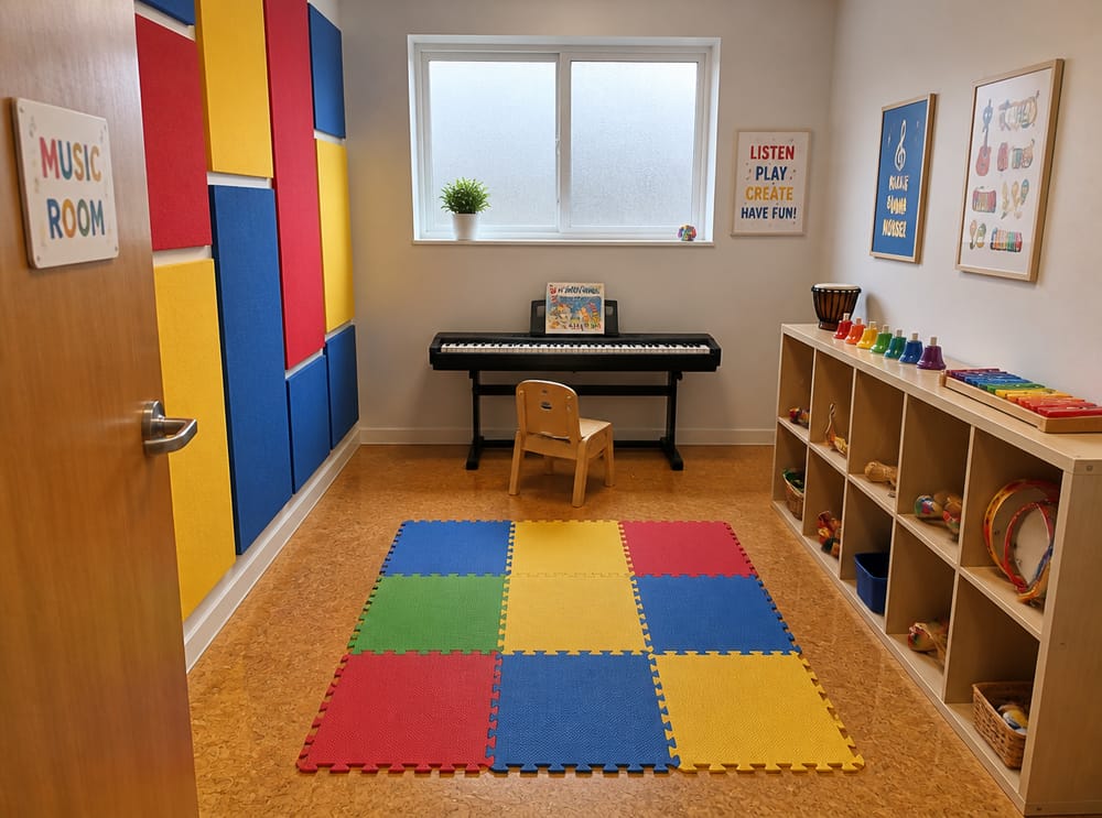 Teclado a la altura de niños con pared de paneles acústicos coloridos