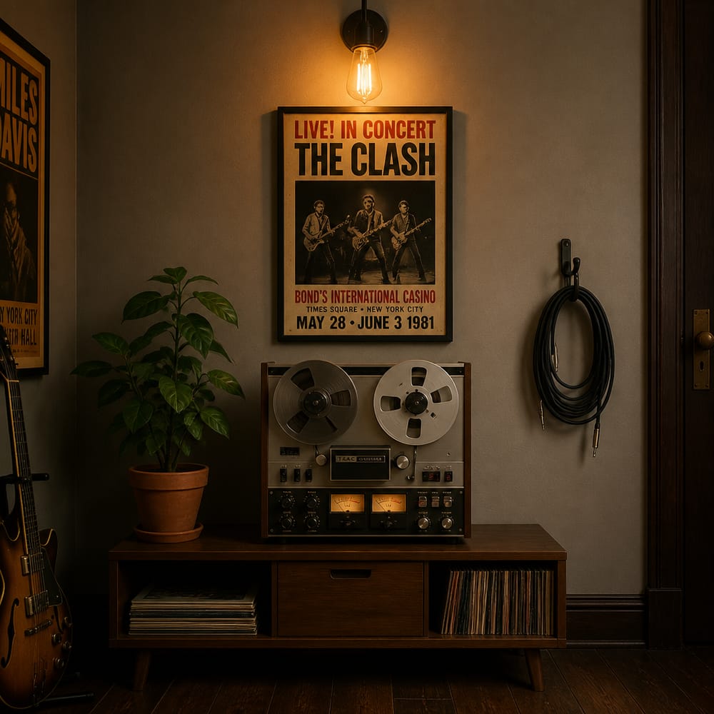 Reel-to-reel sobre consola de nogal con aplique de luz