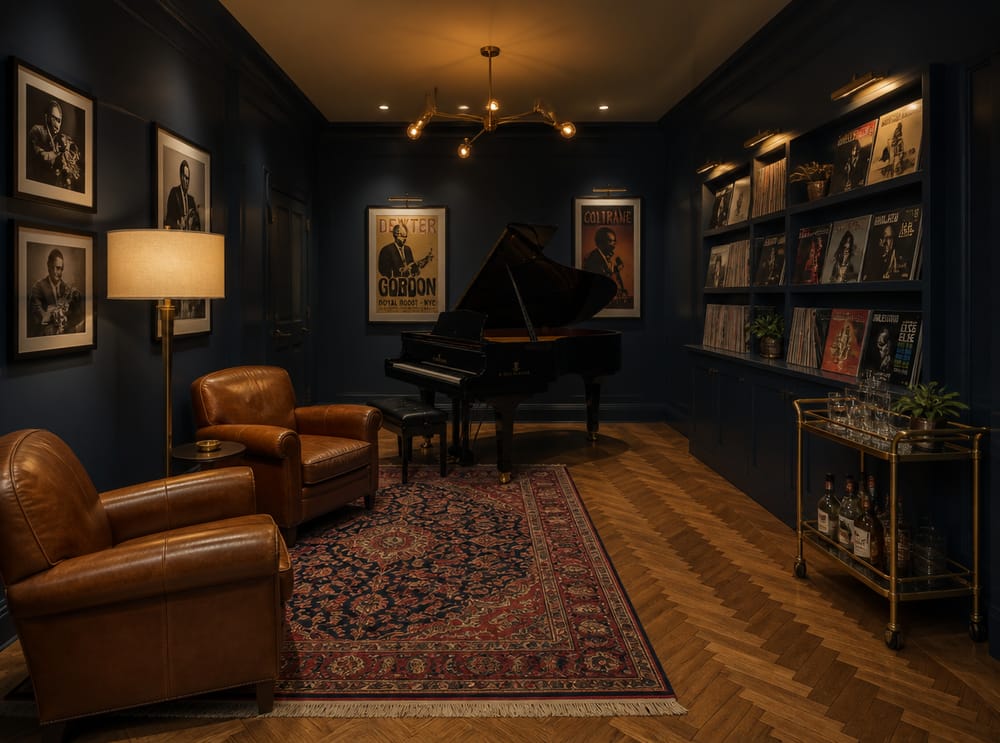 Piano de cola pequeño junto a sillones cognac sobre piso espiga