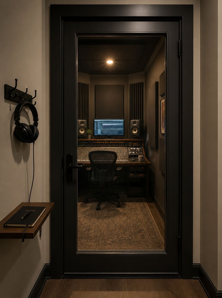 Vista al estudio de grabación por puerta de vidrio insonorizada