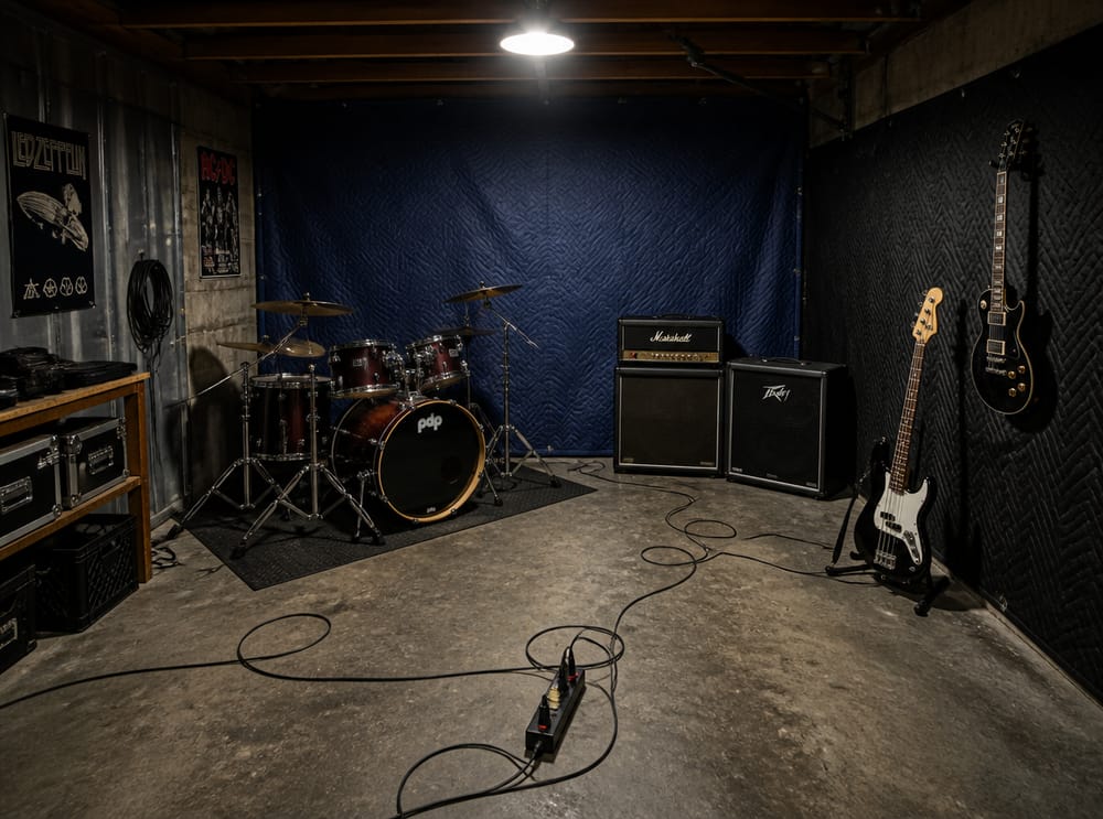 Sala de ensayo en garaje con batería y amplificadores