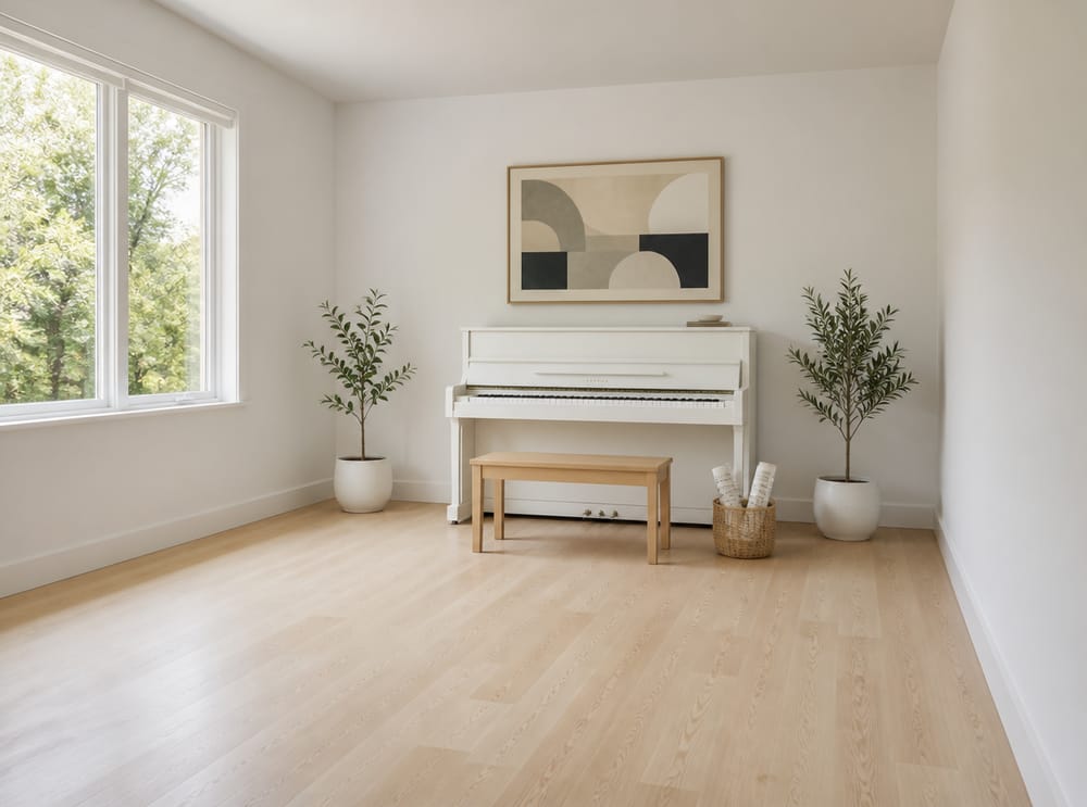 Piano blanco vertical en sala minimalista escandinava