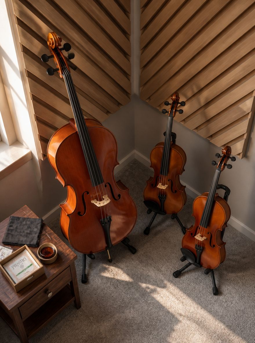 Instrumentos de cuerda agrupados en difusor acústico de esquina
