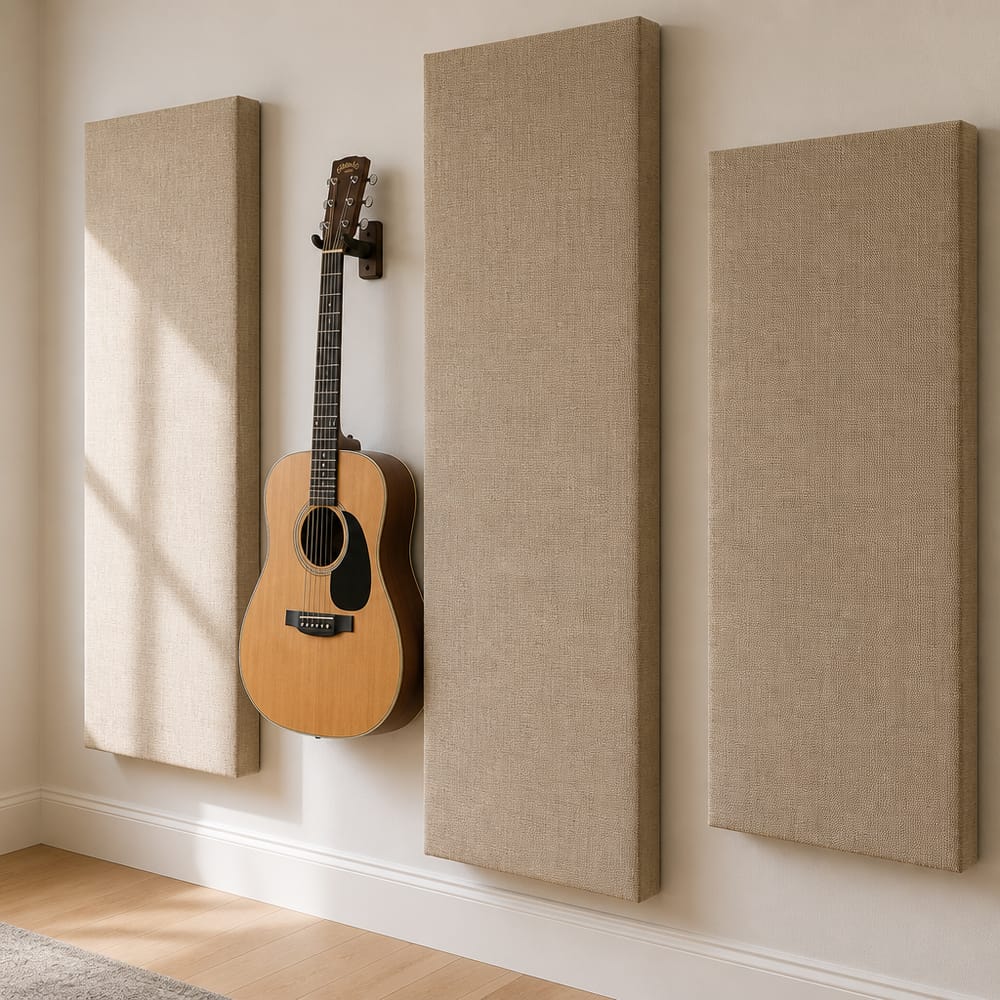 Paneles de tela escalonados con guitarra acústica en la pared
