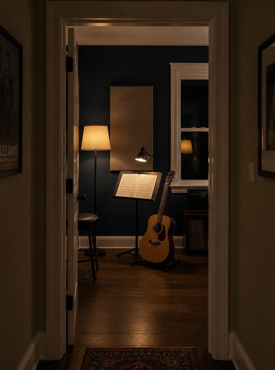 Luz nocturna de la sala de música vista desde el pasillo