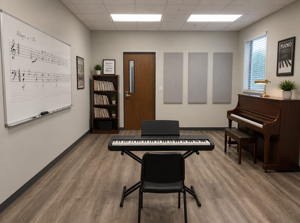 Piano para profesor y teclado para alumno en disposición de clase
