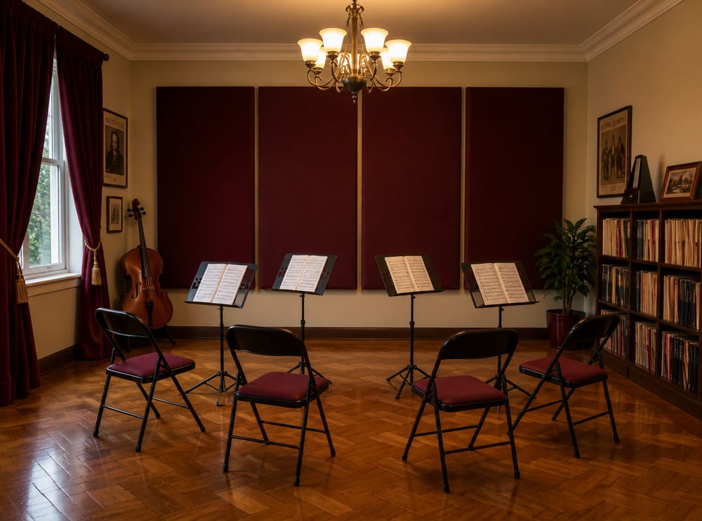 Disposición de ensayo de cuarteto con paneles acústicos burdeos