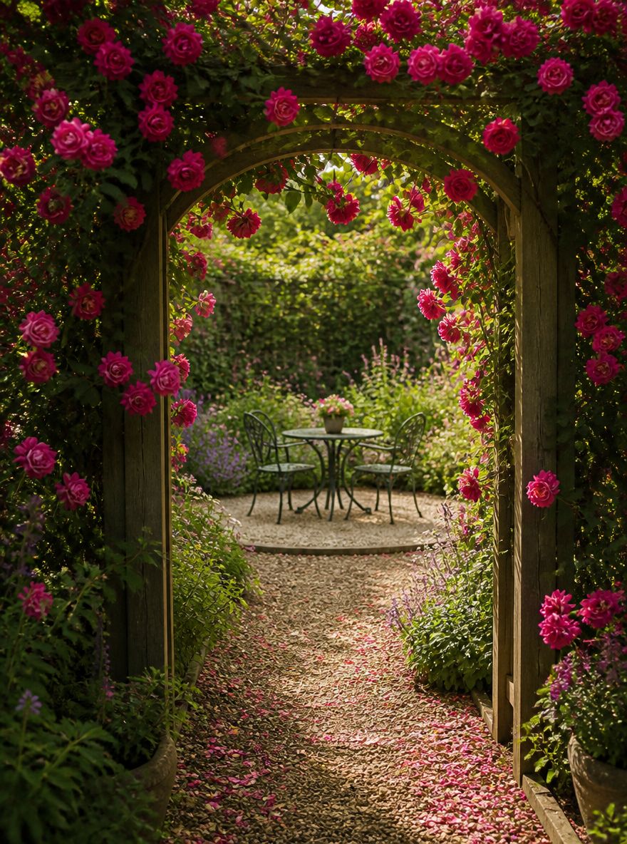Arco cubierto de rosas enmarcando un rincón del jardín