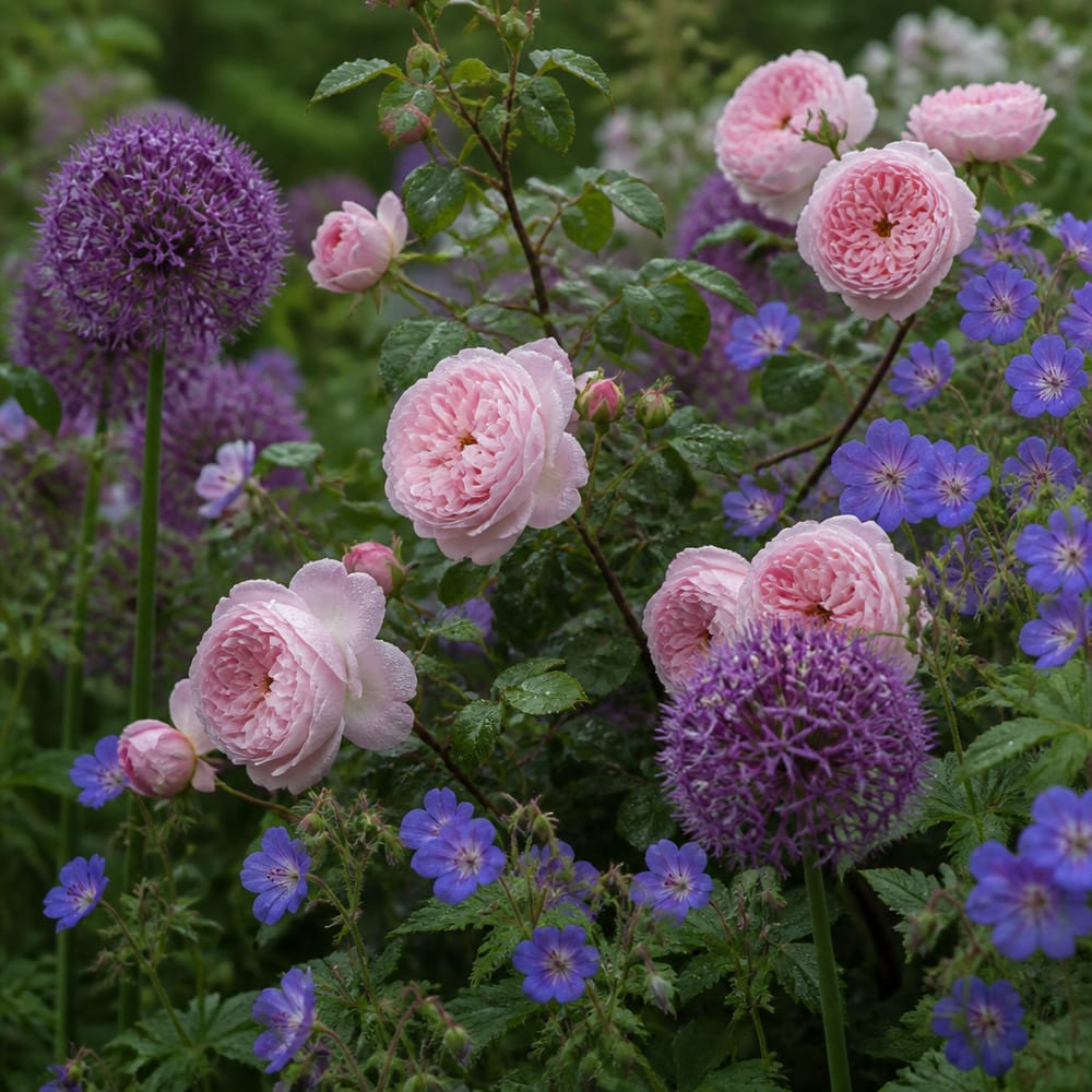 Rosas rosadas entrelazadas con alliums y geranios