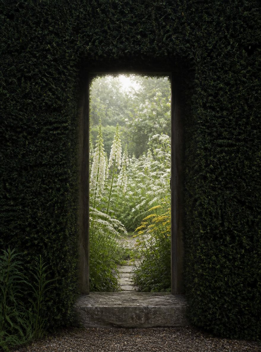 Puerta de seto de tejo hacia un jardín de flores blancas