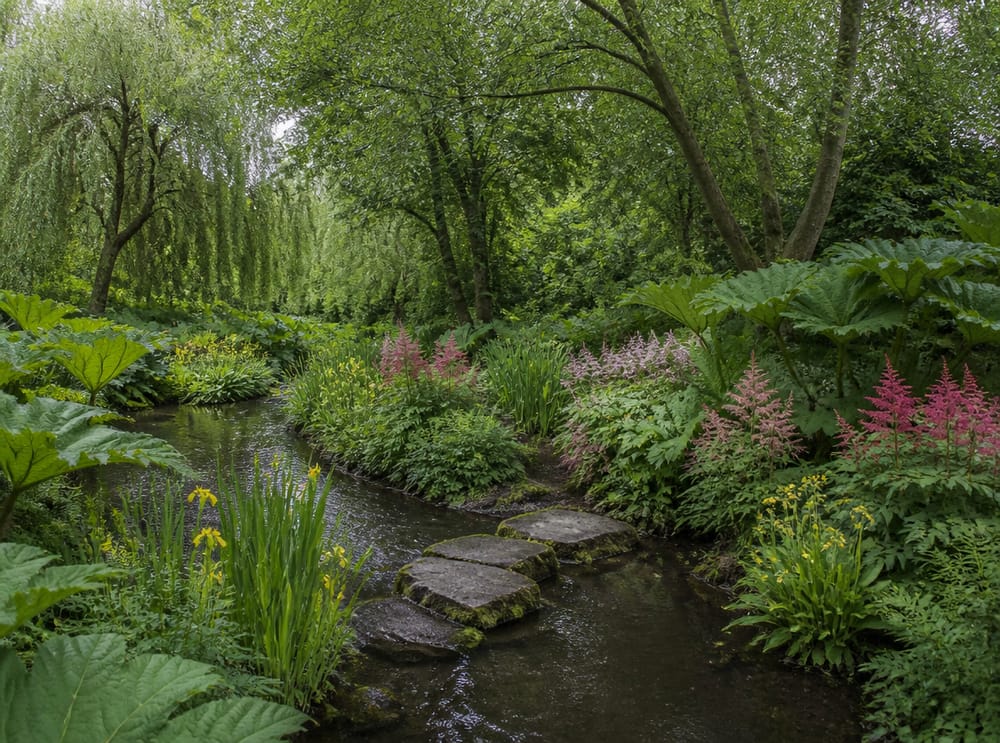 Jardín pantanoso junto al arroyo con prímulas candelabro