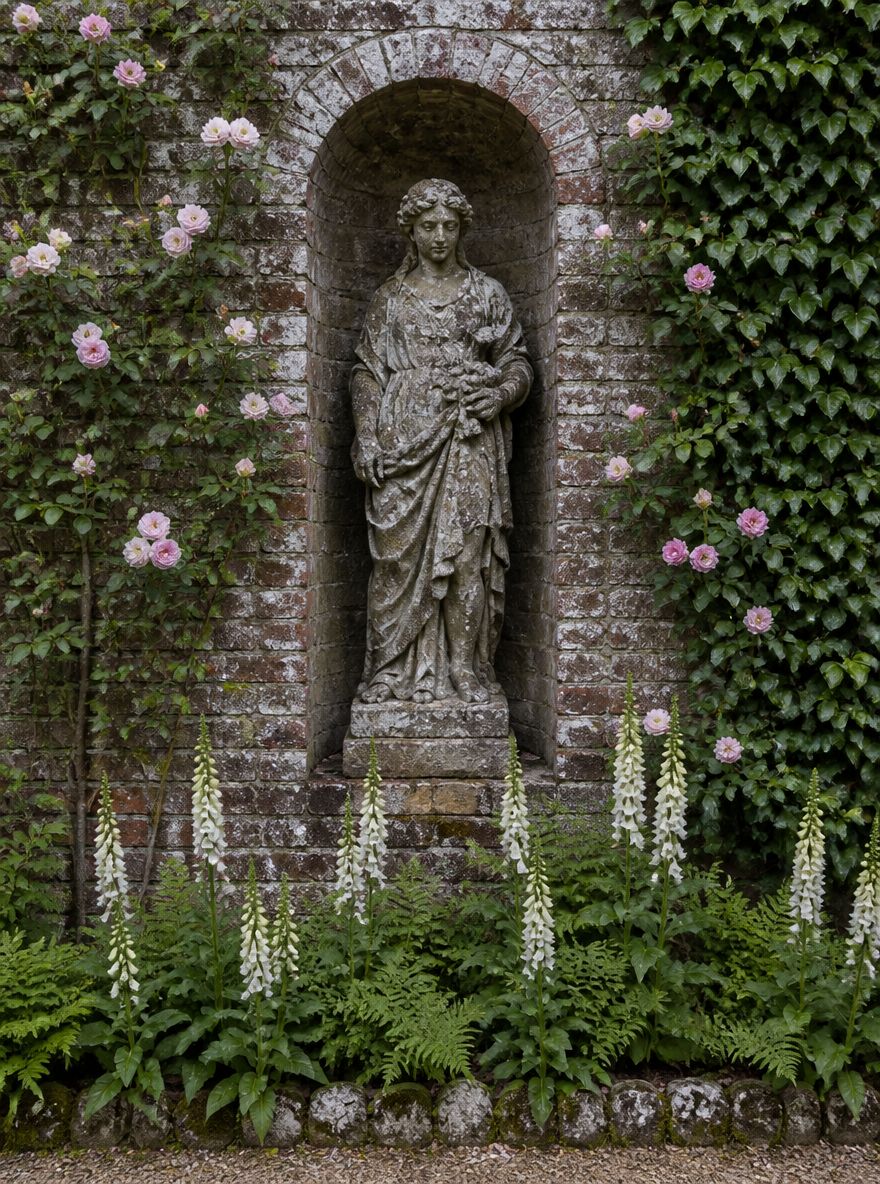 Estatua cubierta de líquenes en una hornacina de muro enmarcada por rosas