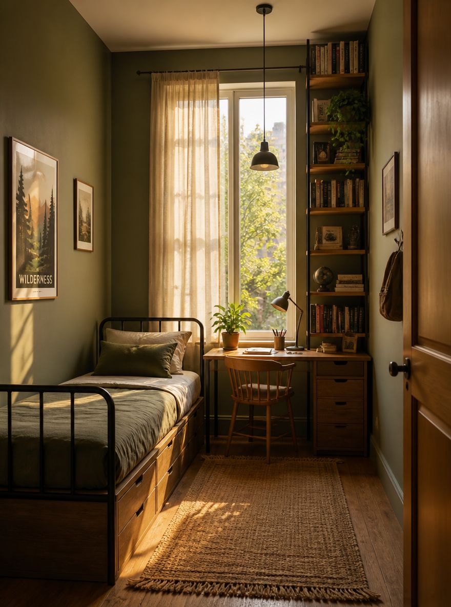 Estantería alta junto a la ventana, escritorio debajo para estudiar