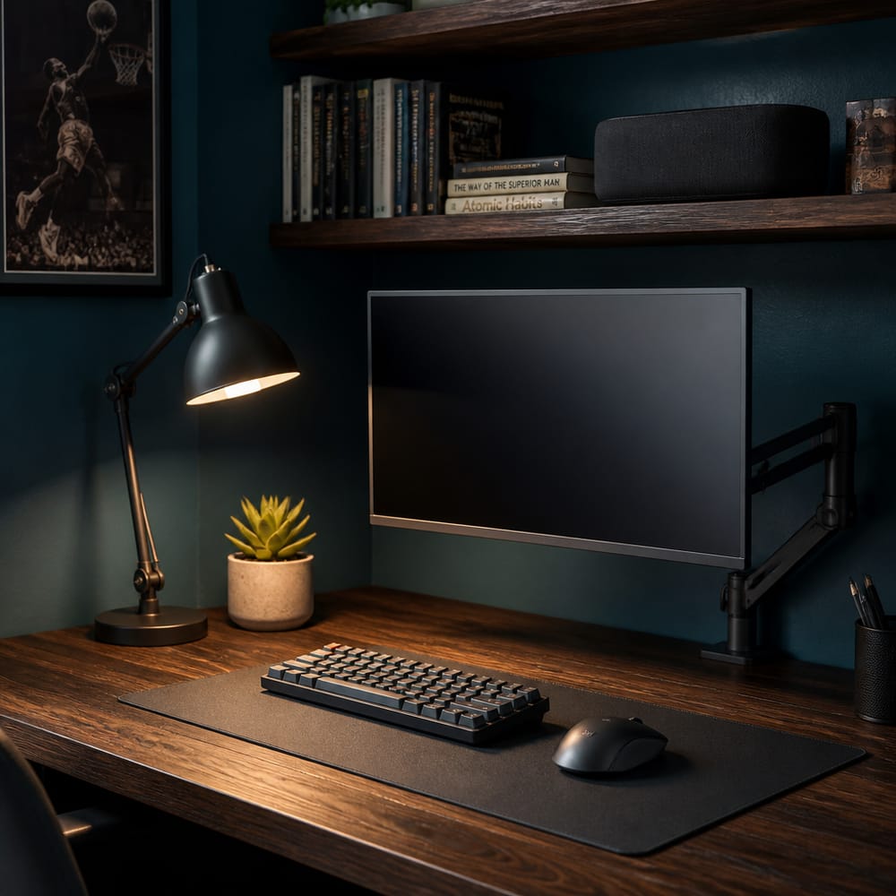 Rincón de escritorio en madera oscura, brazo para monitor y lámpara de trabajo