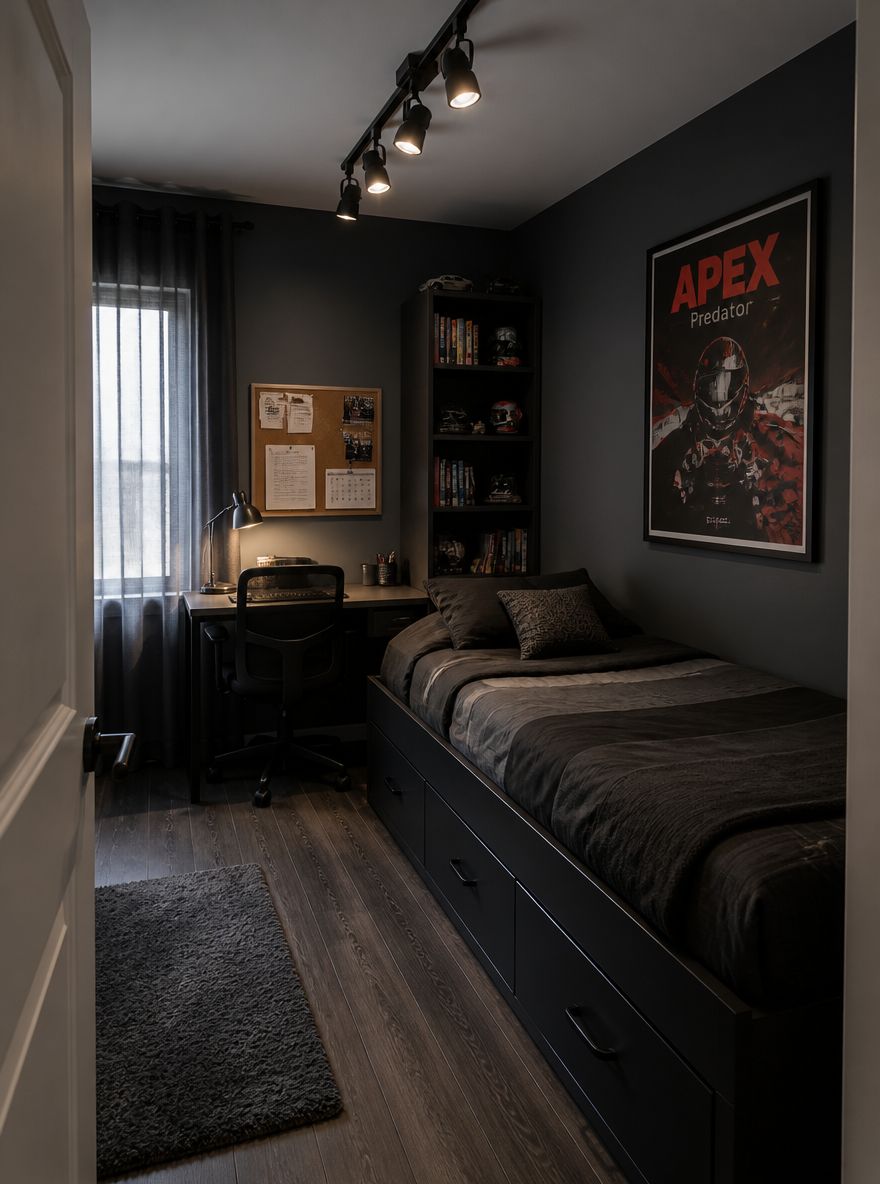 Habitación estrecha con almacenamiento bajo la cama, escritorio compacto junto a la ventana