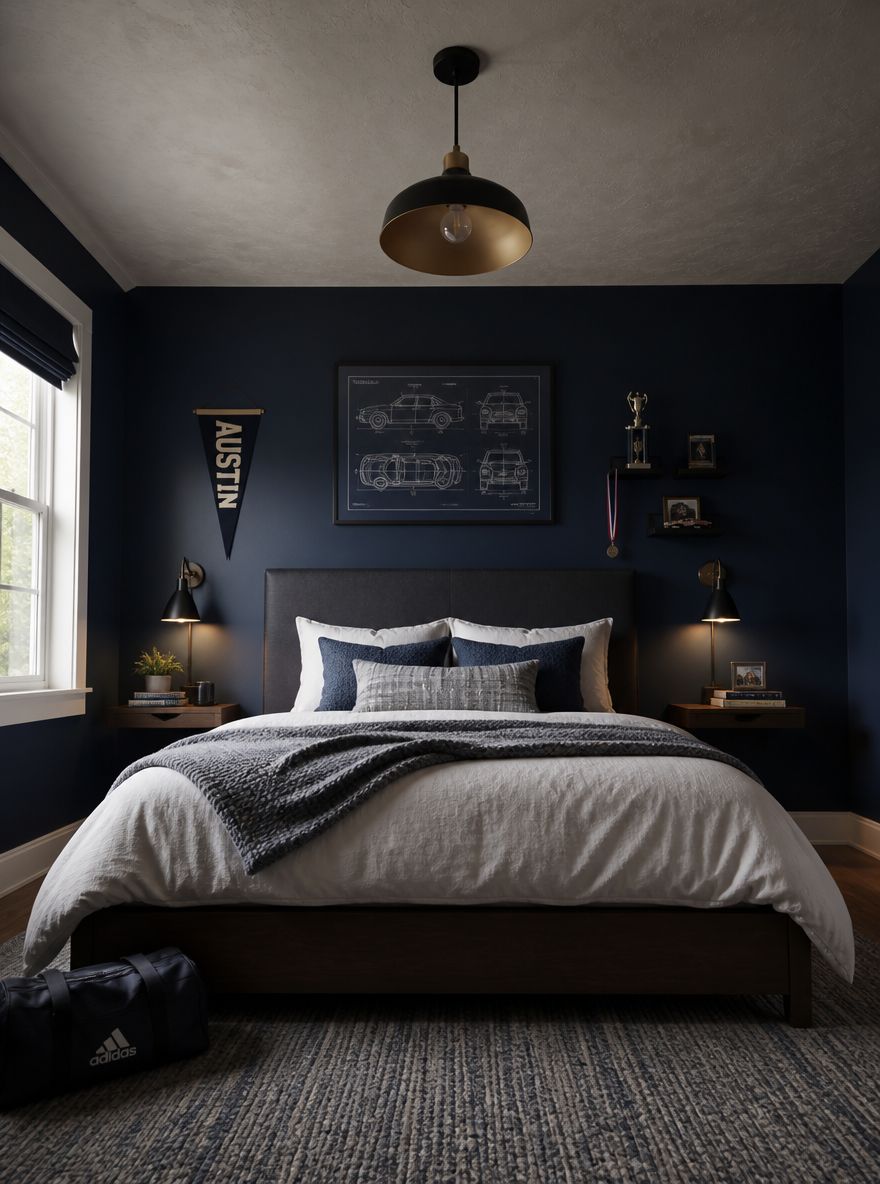 Pared acento azul marino, repisas flotantes junto a la cama en lugar de burós