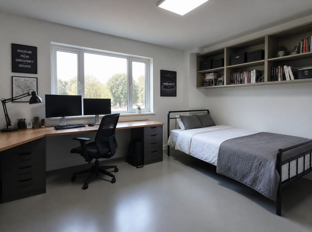 Escritorio a lo largo de toda la pared, dos monitores para estudio y gaming