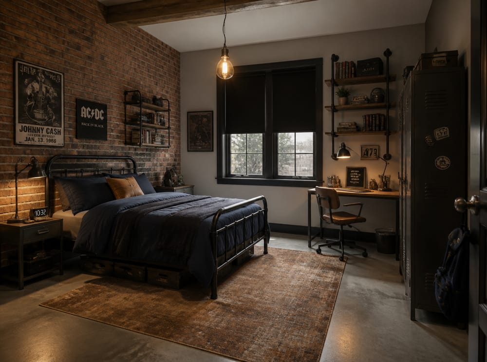 Cama con estructura de acero industrial, lámpara colgante tipo Edison