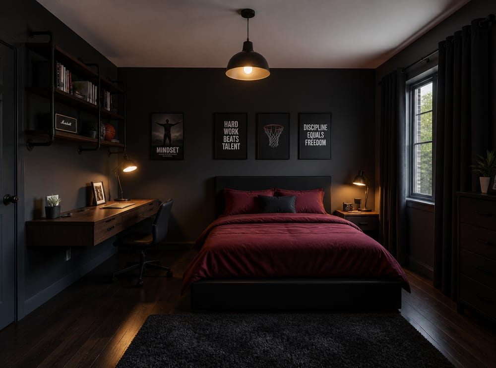 Paredes gris carbón, cama plataforma oscura y escritorio flotante