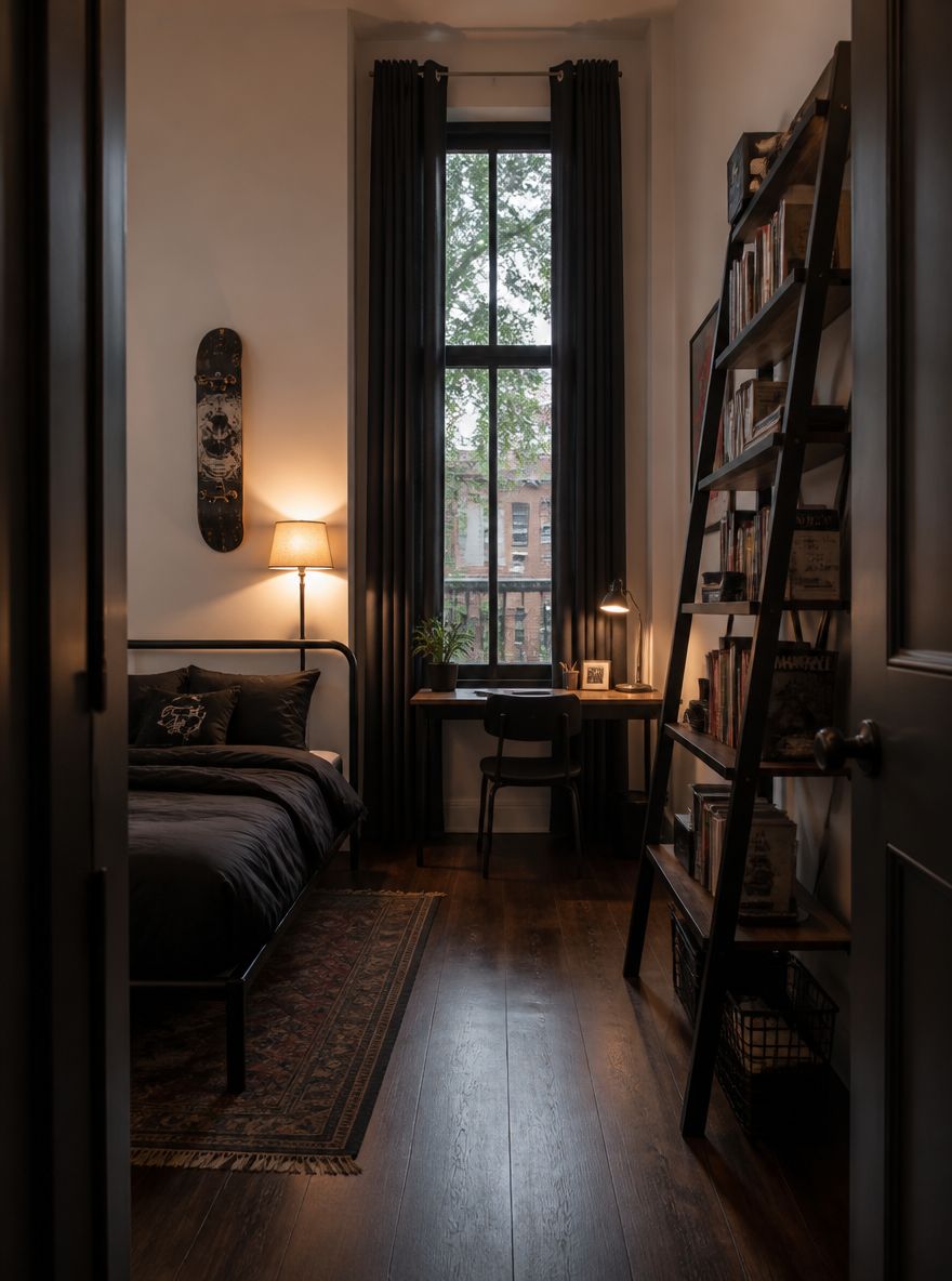 Habitación de techo alto, estante tipo escalera y cortinas largas