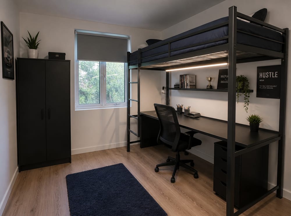 Cama alta con escritorio de estudio justo debajo