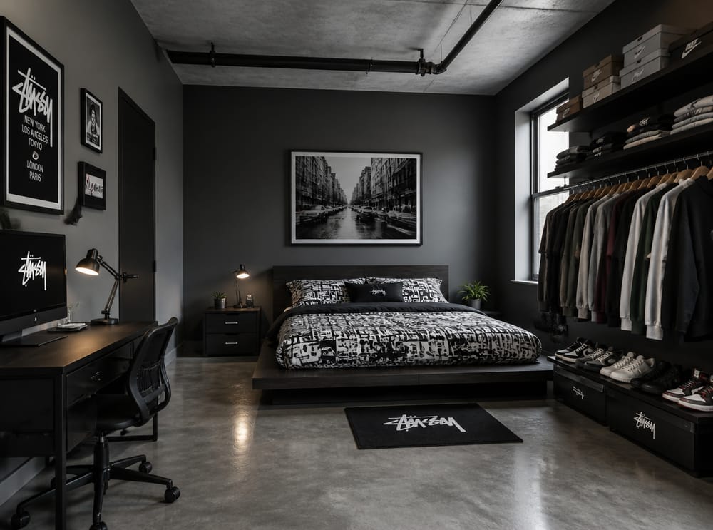 Riel para ropa en la pared, foto en blanco y negro sobre la cama