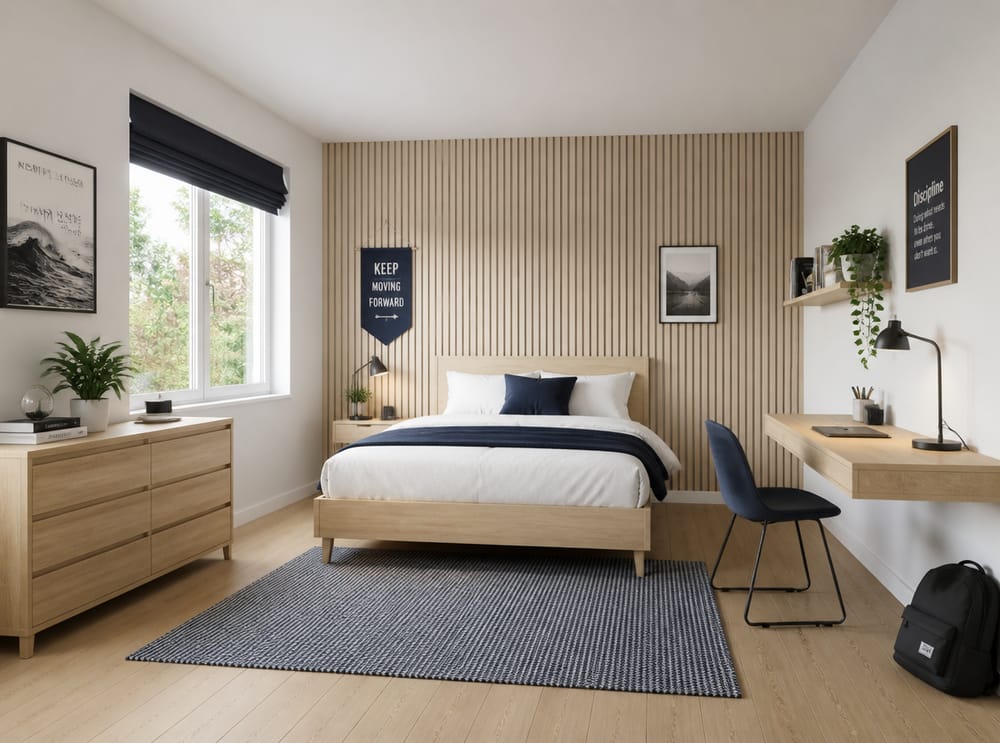 Cama con marco de abedul, pared acento de listones verticales de madera
