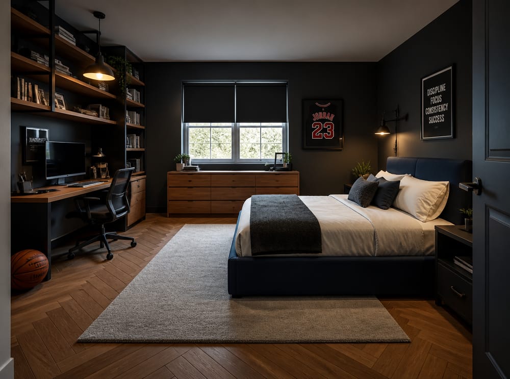 Vista de toda la habitación desde la puerta, cama plataforma azul marino y escritorio en la esquina