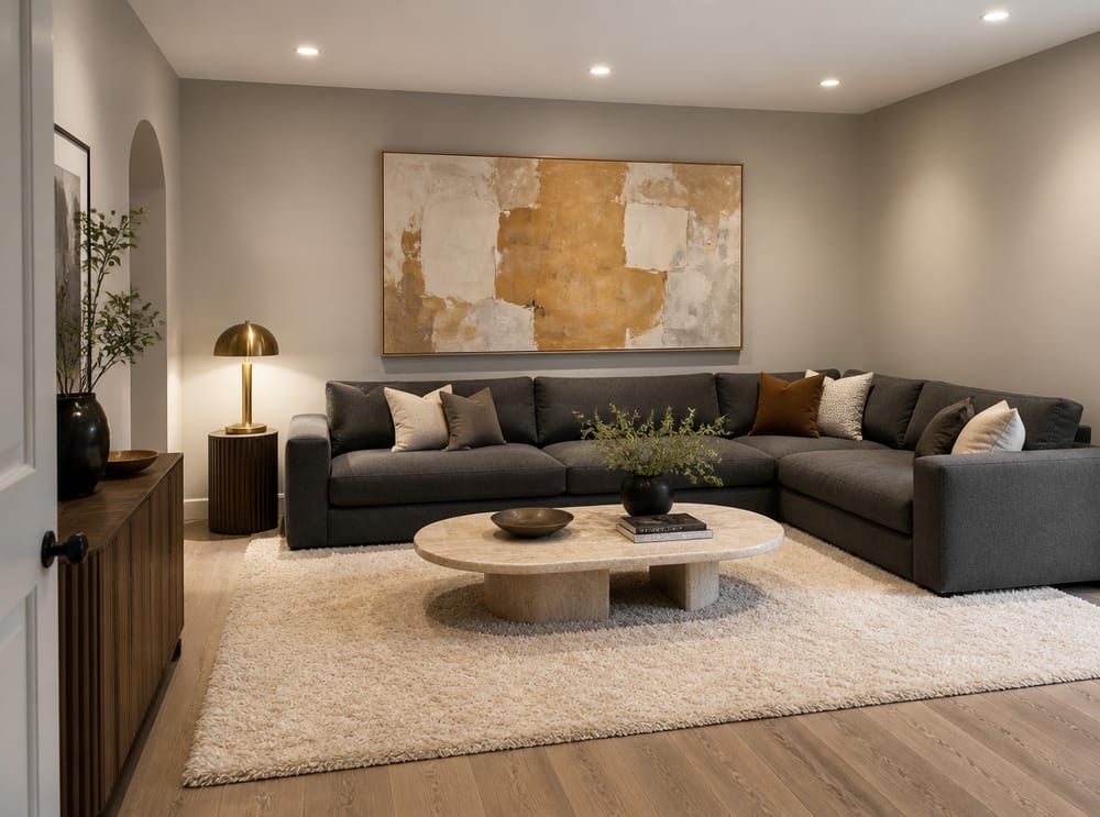 L-vormige modulaire bank in een warmgrijze kamer