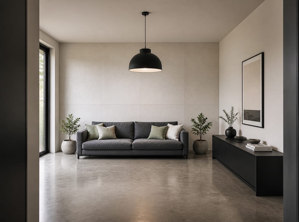 Minimalistische betonnen vloer met donkergrijze bank
