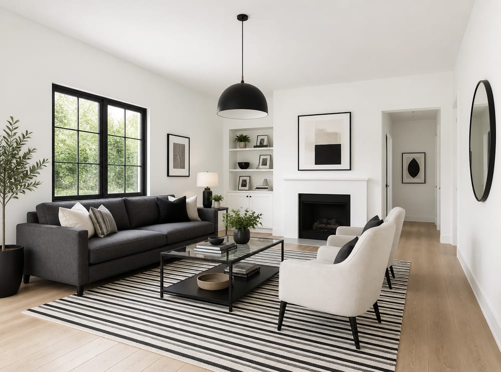Zwart-witte hoog contrast kamer met grijze bank