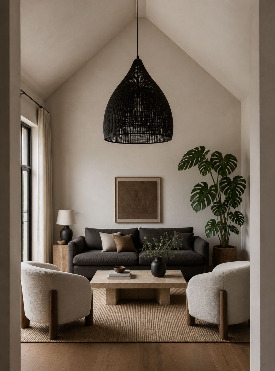 Gewelfde plafond met extra grote wicker hanglamp
