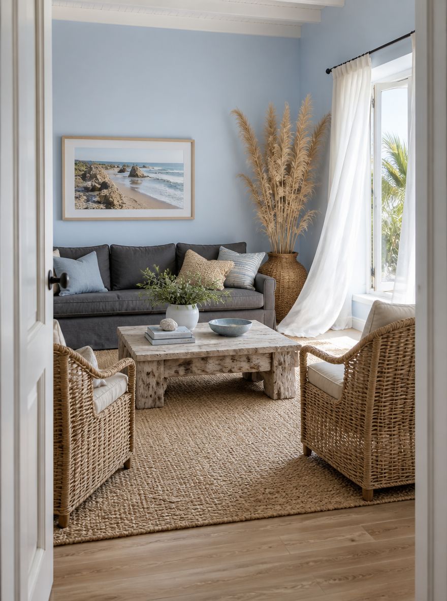 Donkergrijze bank in kamer met kustblauwe en natuurlijke texturen