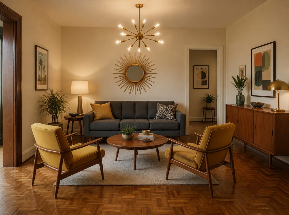 Zonneburst spiegel en mosterdgele stoelen, mid-century kamer