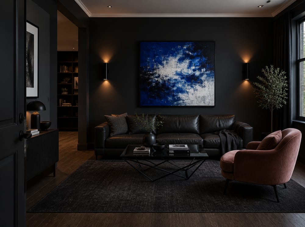 Blauw abstract schilderij boven bank tegen houtskoolmuur
