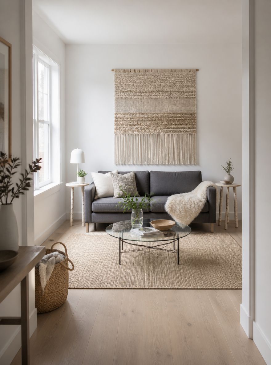 Geweven wanddecor boven een Scandinavische grijze bank