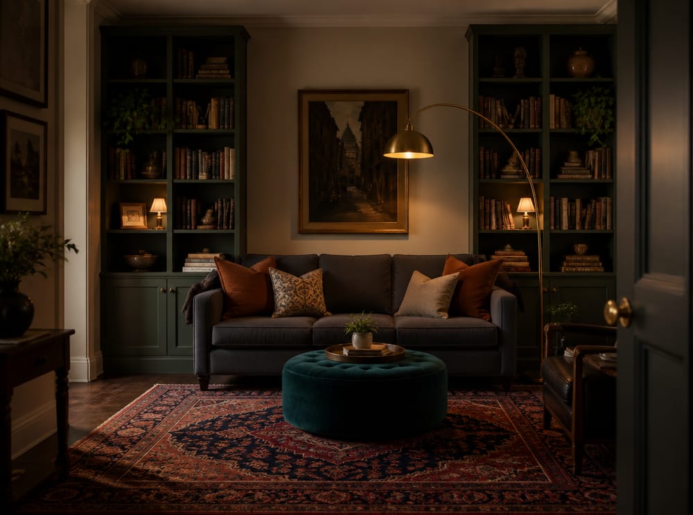 Donkergroene boekenkasten naast grijze bibliotheekbank