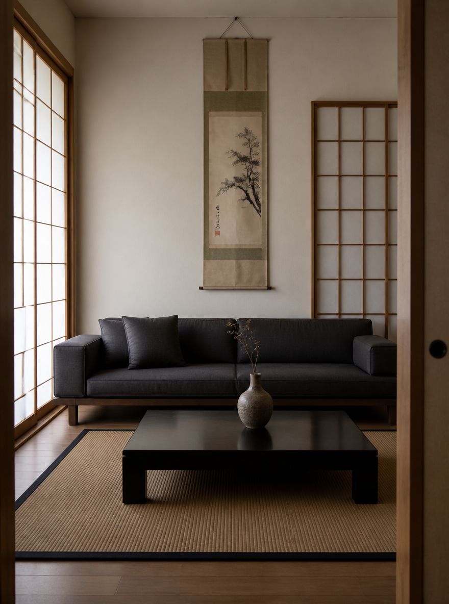 Lage grijze bank in Japans minimalistische kamer
