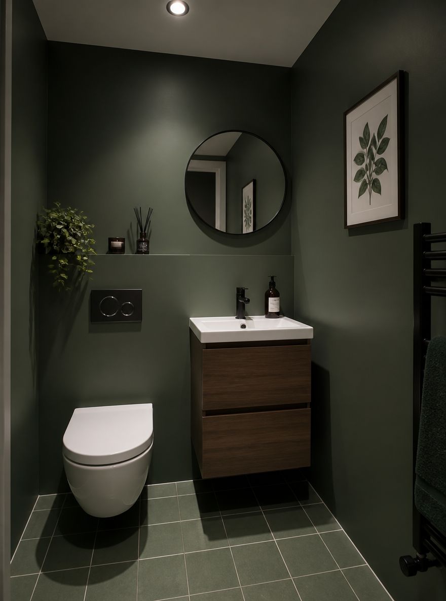 Kompaktní en-suite s matně zelenými stěnami, botanický obraz