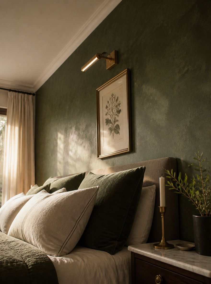 Textura de cal atrapando la luz de la mañana junto a la cama