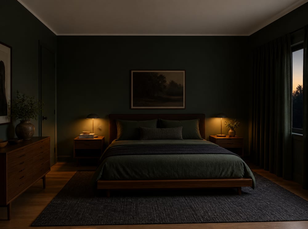 Cama plataforma de nogal en un cuarto verde botella al atardecer