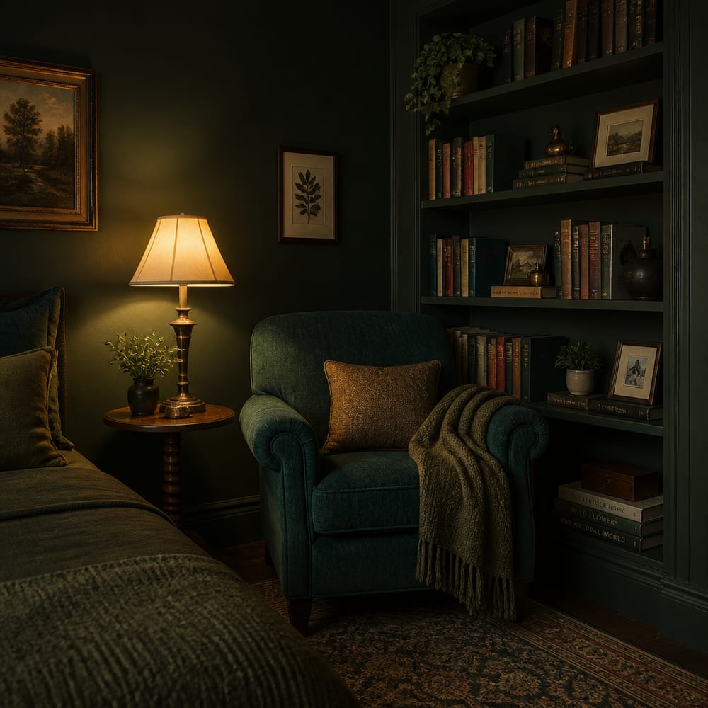 Rincón de lectura verde oscuro con estantes integrados
