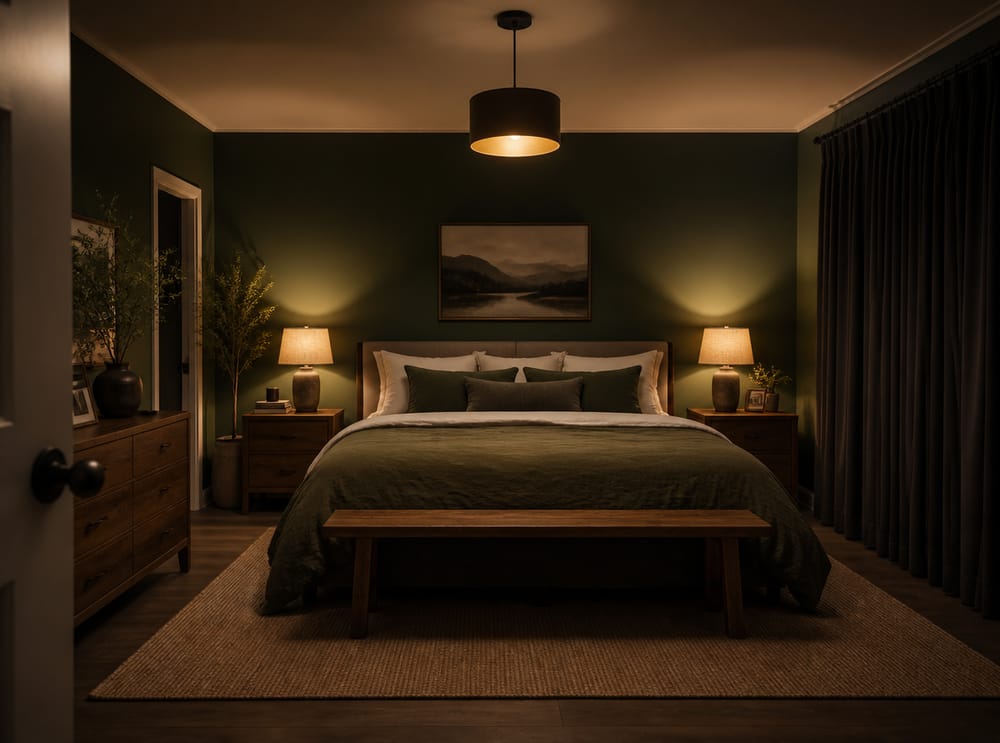 Luz ámbar cálida en dormitorio verde oscuro de noche