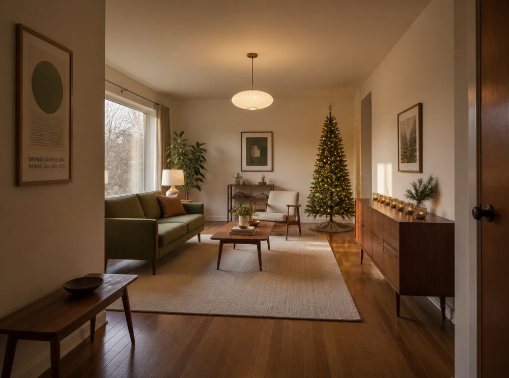 Sala mid-century con árbol delgado y portavelas
