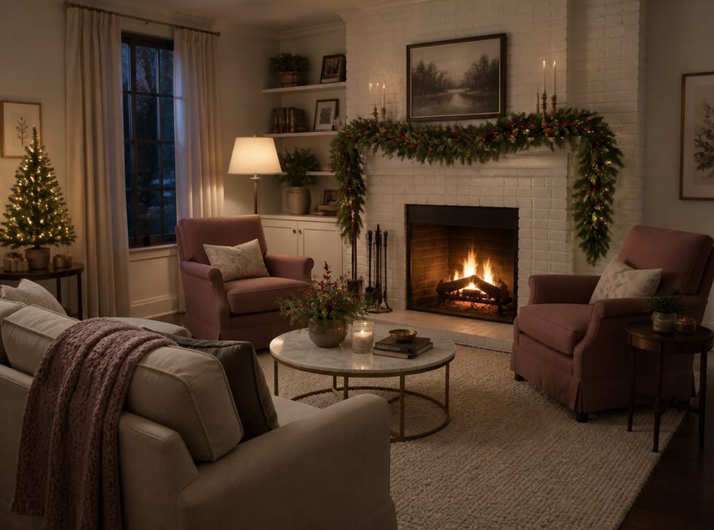 Sillones junto a chimenea de ladrillo decorada con guirnalda