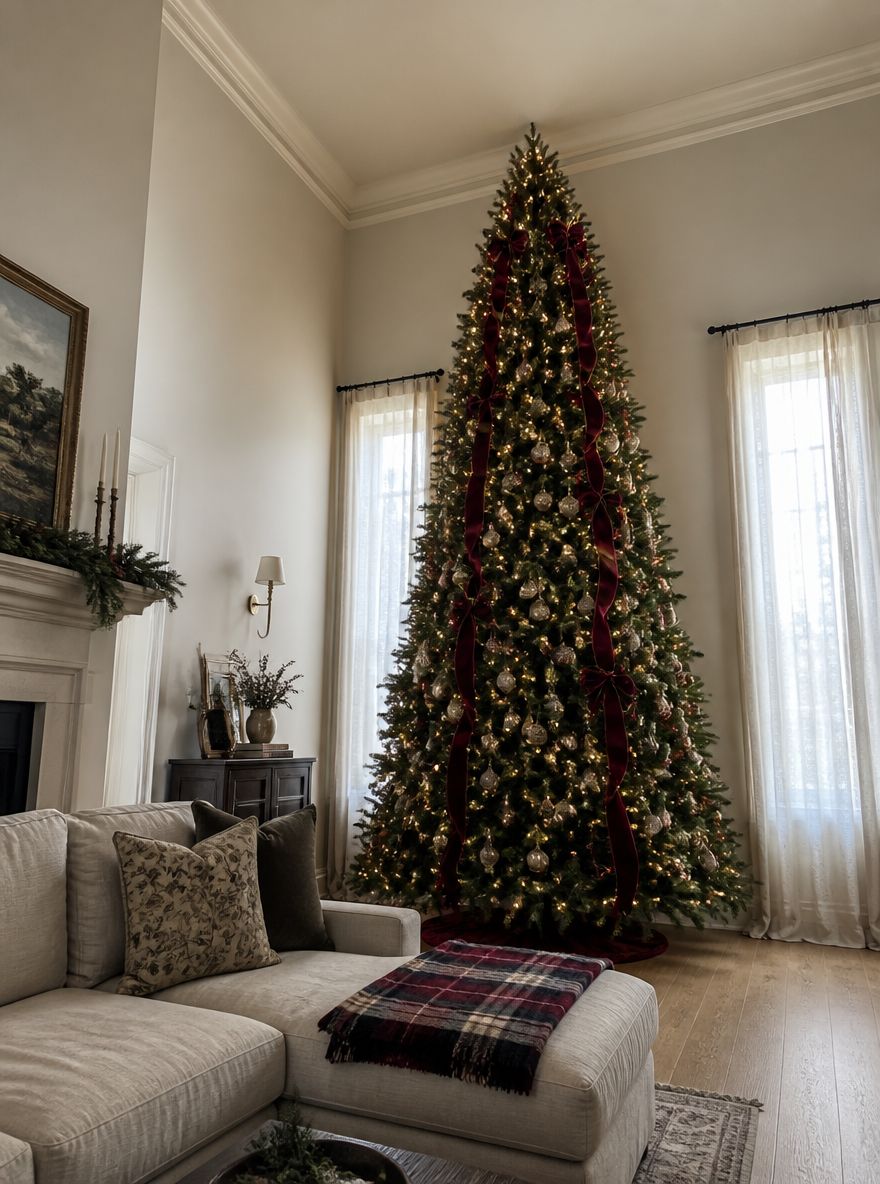Árbol alto entre ventanas, decorado con lazo de terciopelo