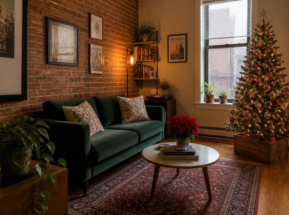 Árbol pequeño sobre caja en sala de apartamento compacto