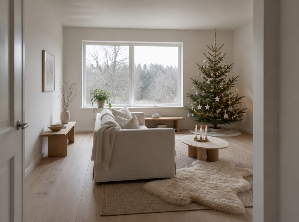 Sala escandinava con árbol de estrella de papel